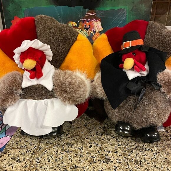 People Pals Vintage Plush Turkey Set Girl and Boy Thanksgiving Decorations - Picture 8 of 16